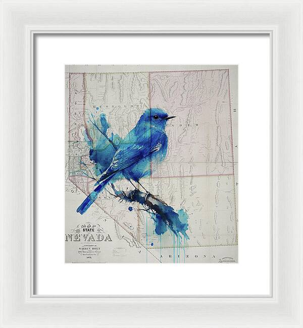 Nevada State Map And Mountain Bluebird - Framed Print