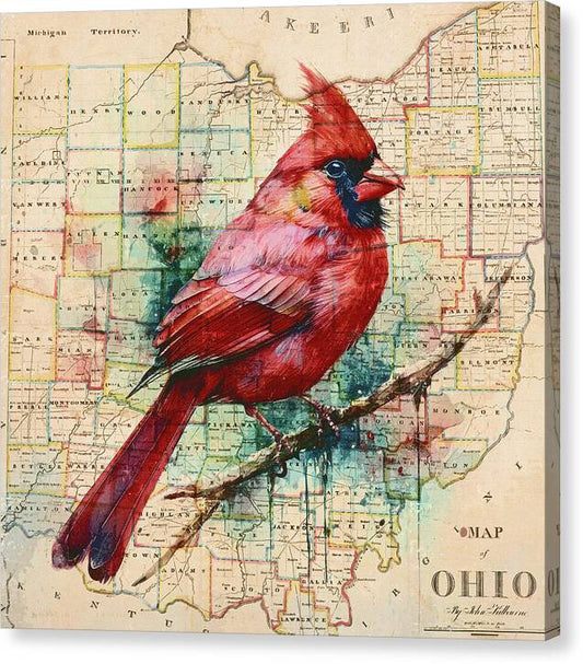 Ohio Map And Cardinal - Canvas Print