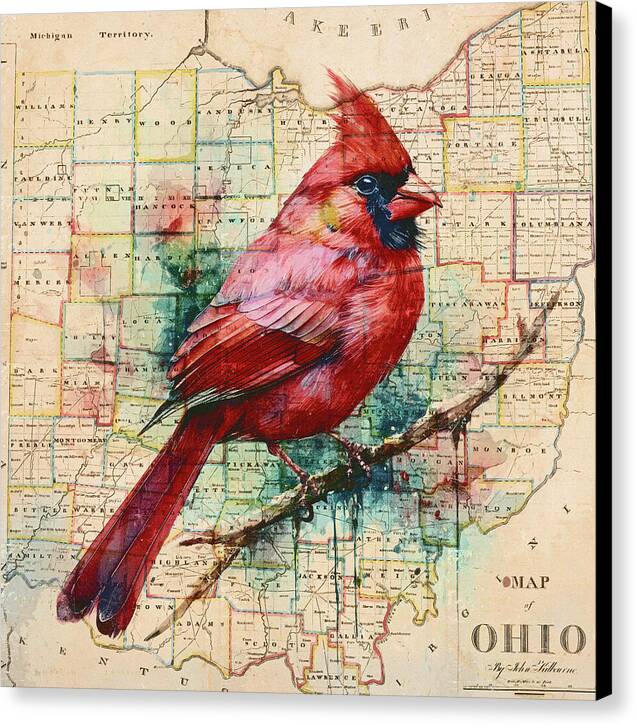 Ohio Map And Cardinal - Canvas Print