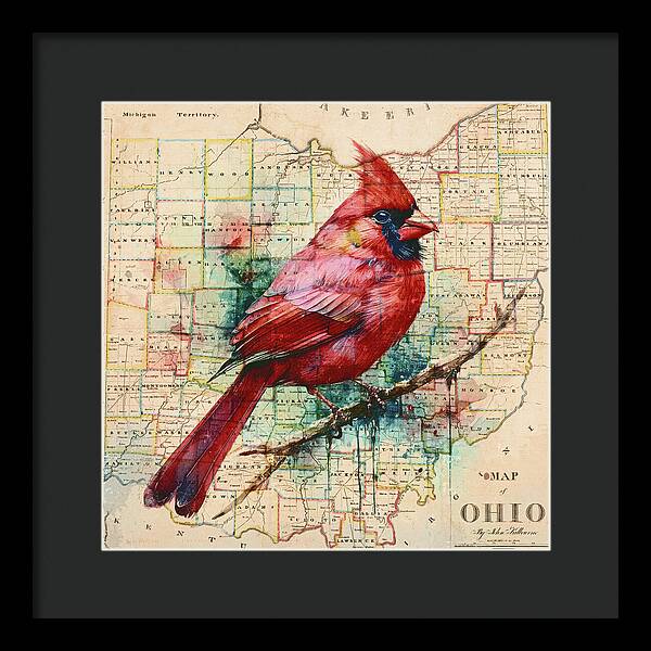 Ohio Map And Cardinal - Framed Print