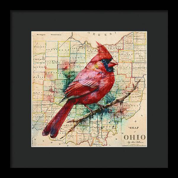 Ohio Map And Cardinal - Framed Print