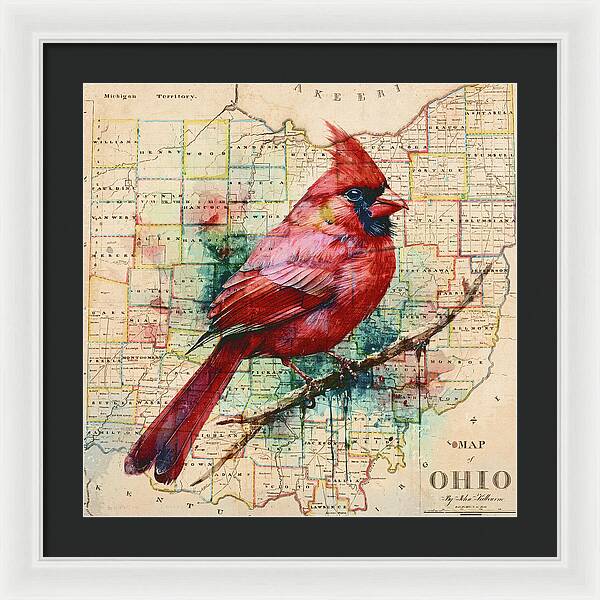 Ohio Map And Cardinal - Framed Print