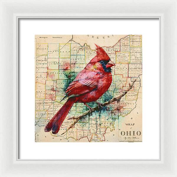 Ohio Map And Cardinal - Framed Print