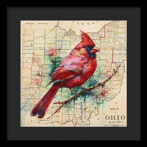 Ohio Map And Cardinal - Framed Print