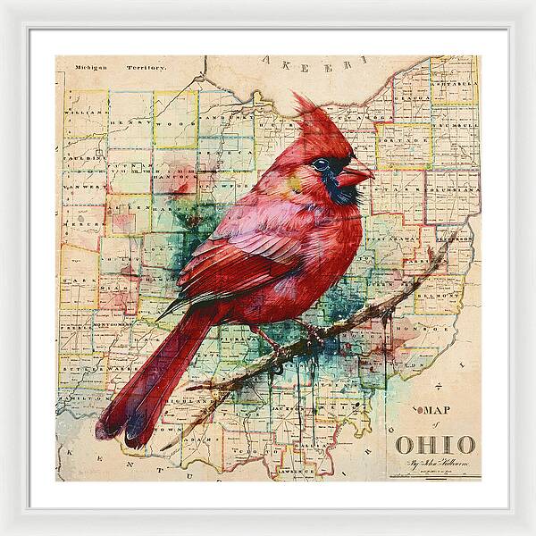 Ohio Map And Cardinal - Framed Print