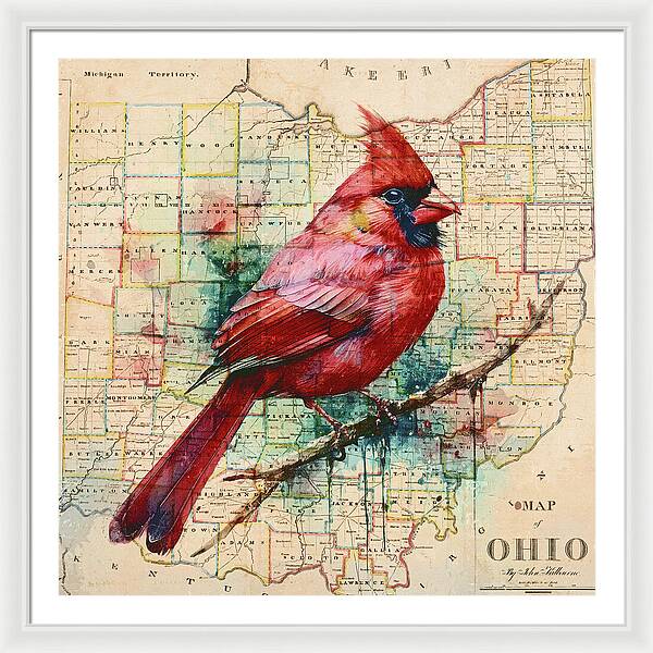 Ohio Map And Cardinal - Framed Print