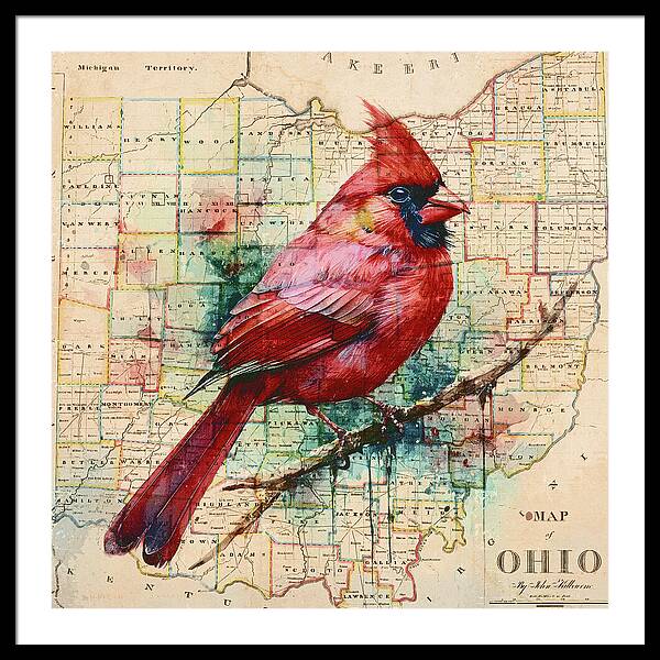 Ohio Map And Cardinal - Framed Print