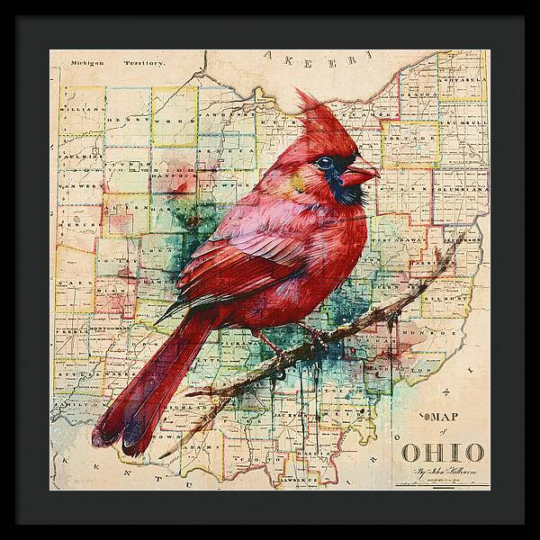 Ohio Map And Cardinal - Framed Print