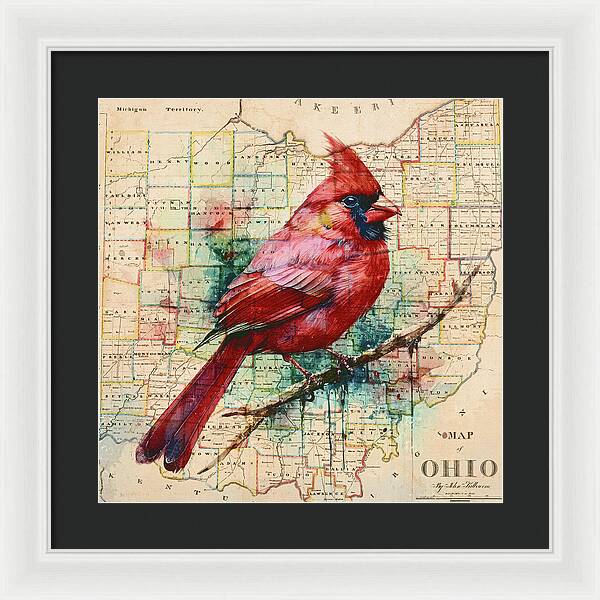 Ohio Map And Cardinal - Framed Print