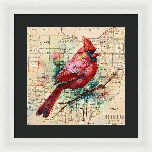 Ohio Map And Cardinal - Framed Print