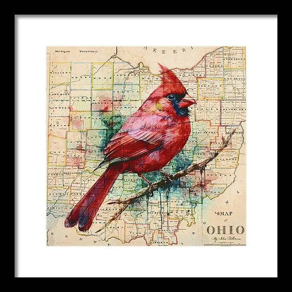 Ohio Map And Cardinal - Framed Print