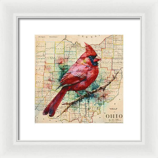 Ohio Map And Cardinal - Framed Print