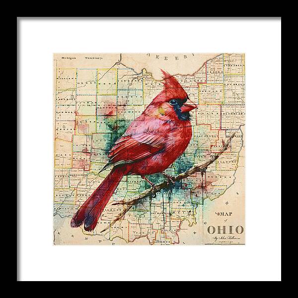 Ohio Map And Cardinal - Framed Print