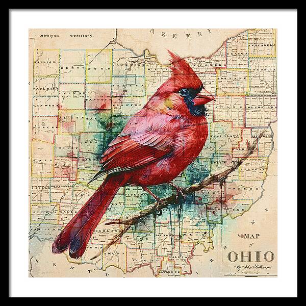 Ohio Map And Cardinal - Framed Print