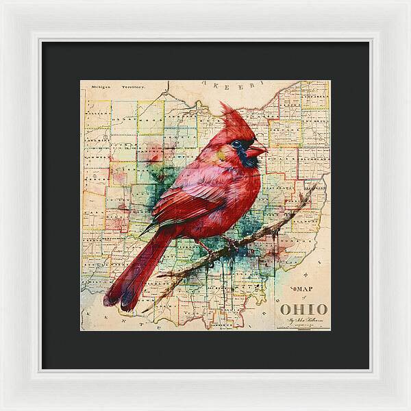 Ohio Map And Cardinal - Framed Print