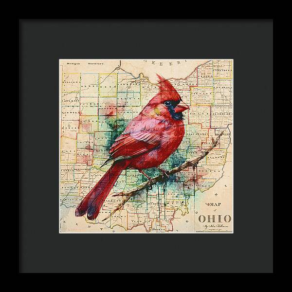 Ohio Map And Cardinal - Framed Print