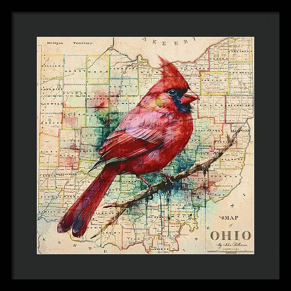 Ohio Map And Cardinal - Framed Print