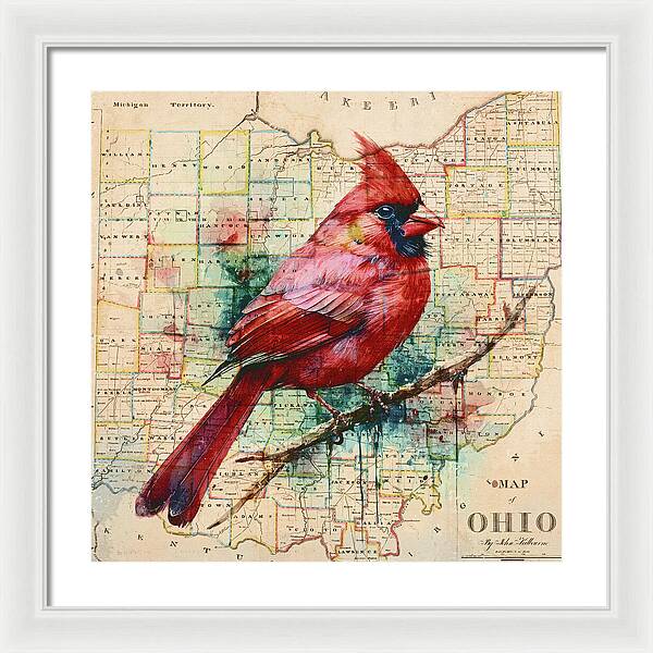 Ohio Map And Cardinal - Framed Print