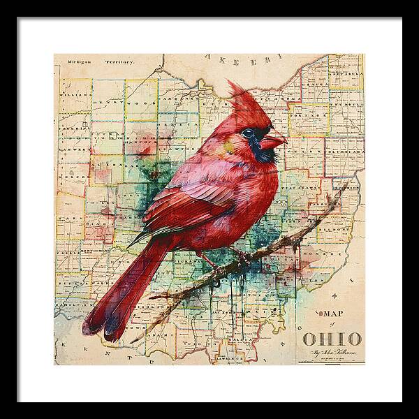 Ohio Map And Cardinal - Framed Print