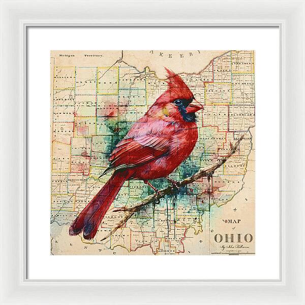 Ohio Map And Cardinal - Framed Print