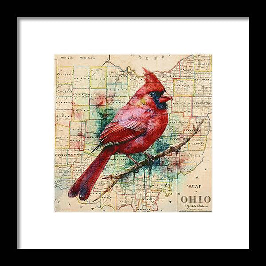 Ohio Map And Cardinal - Framed Print