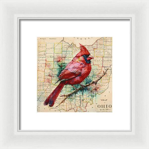 Ohio Map And Cardinal - Framed Print