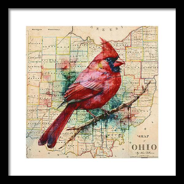 Ohio Map And Cardinal - Framed Print