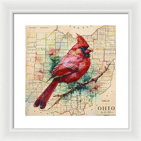 Ohio Map And Cardinal - Framed Print