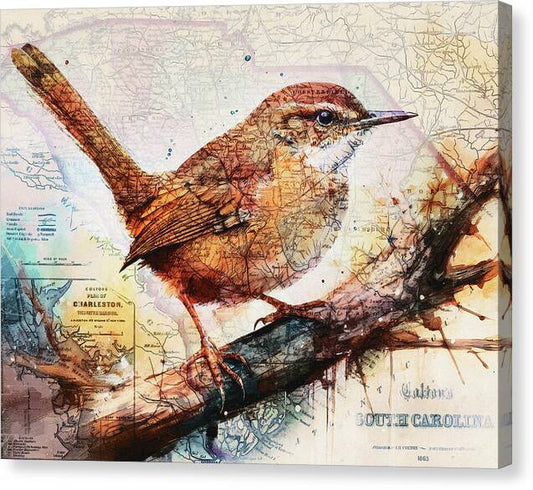 South Carolina State Map Carolina Wren - Canvas Print