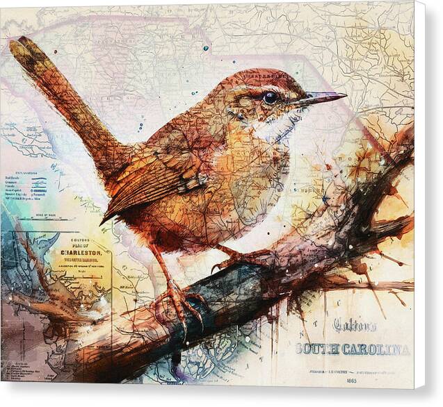 South Carolina State Map Carolina Wren - Canvas Print