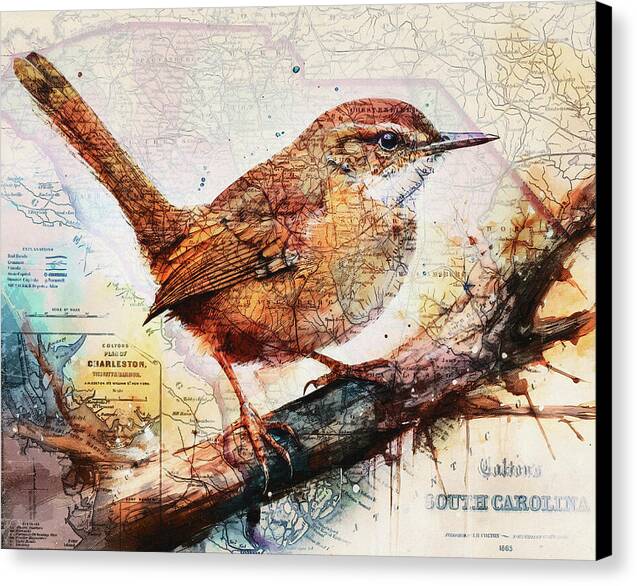 South Carolina State Map Carolina Wren - Canvas Print