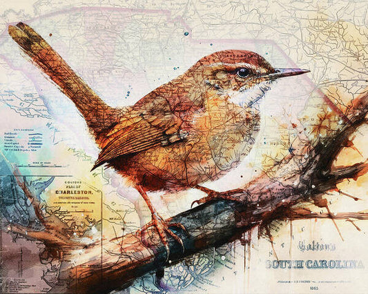 South Carolina State Map Carolina Wren - Art Print