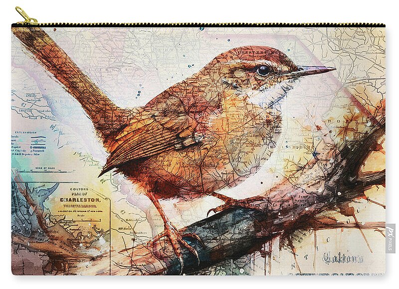 South Carolina State Map Carolina Wren - Zip Pouch