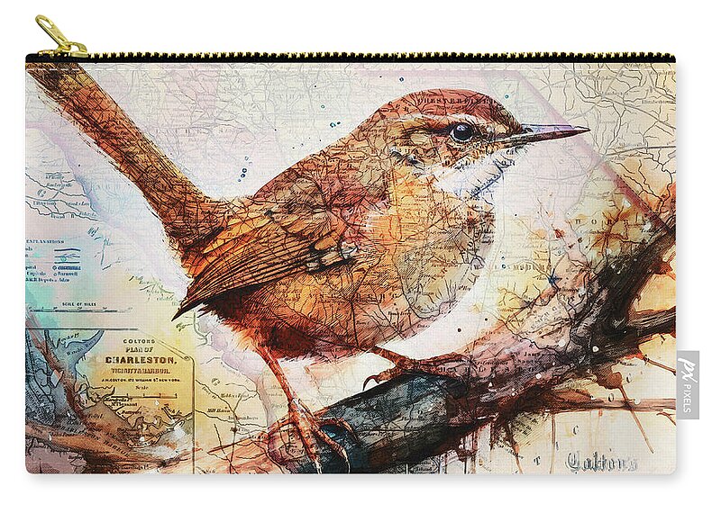 South Carolina State Map Carolina Wren - Zip Pouch