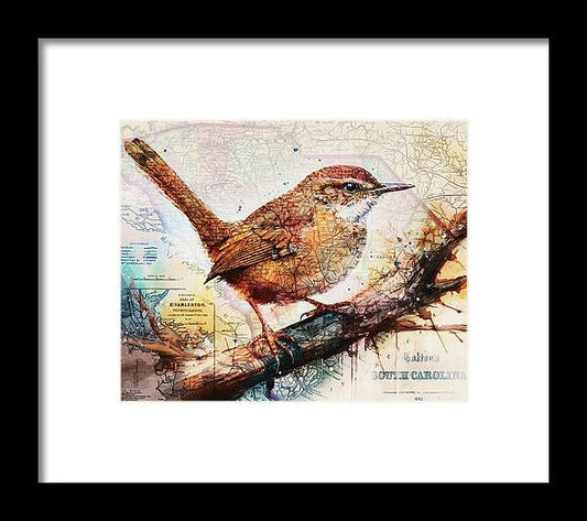 South Carolina State Map Carolina Wren - Framed Print