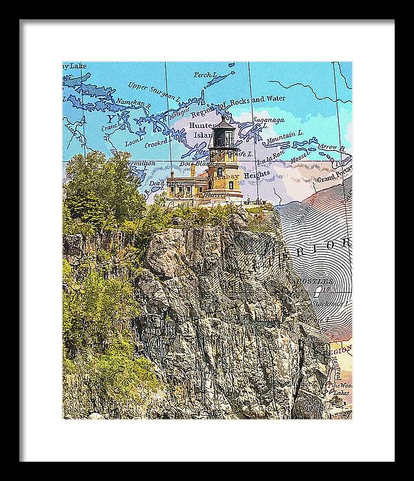 Split Rock Lighthouse And Map - Framed Print