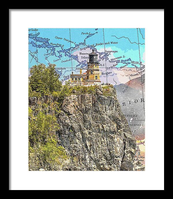 Split Rock Lighthouse And Map - Framed Print