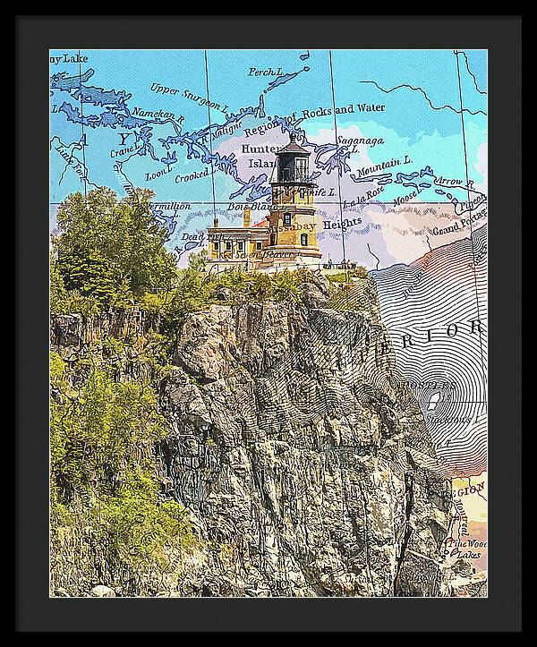 Split Rock Lighthouse And Map - Framed Print