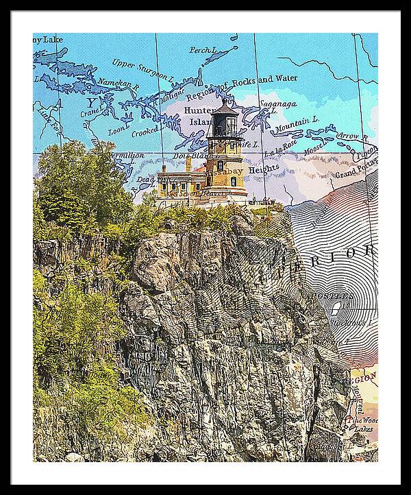 Split Rock Lighthouse And Map - Framed Print