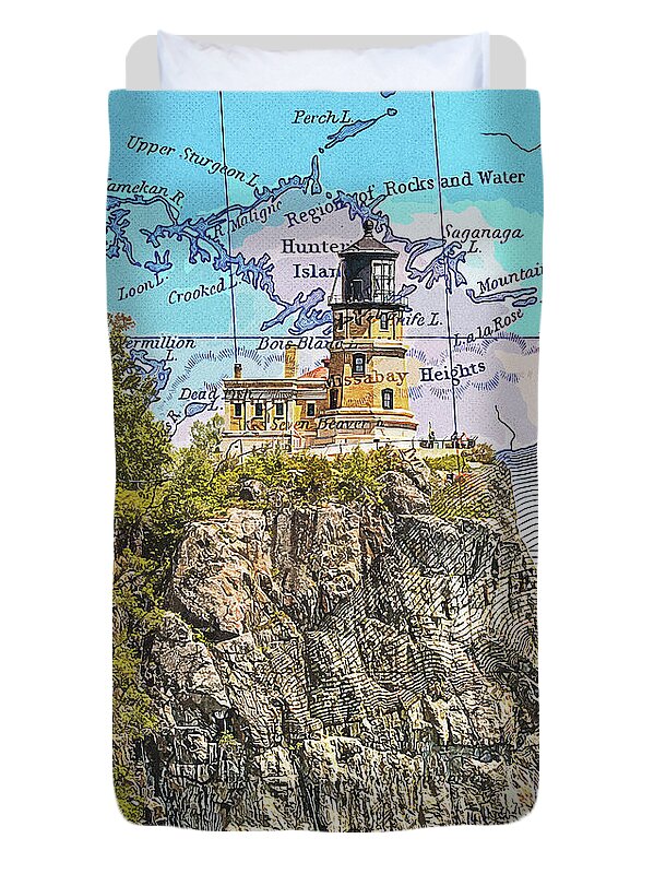 Split Rock Lighthouse And Map - Duvet Cover