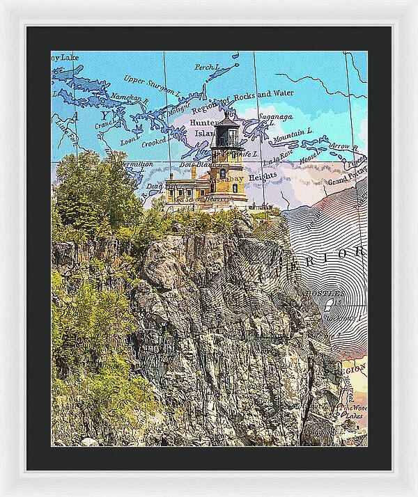 Split Rock Lighthouse And Map - Framed Print