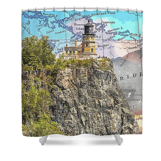 Split Rock Lighthouse And Map - Shower Curtain