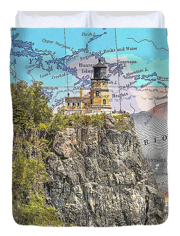 Split Rock Lighthouse And Map - Duvet Cover