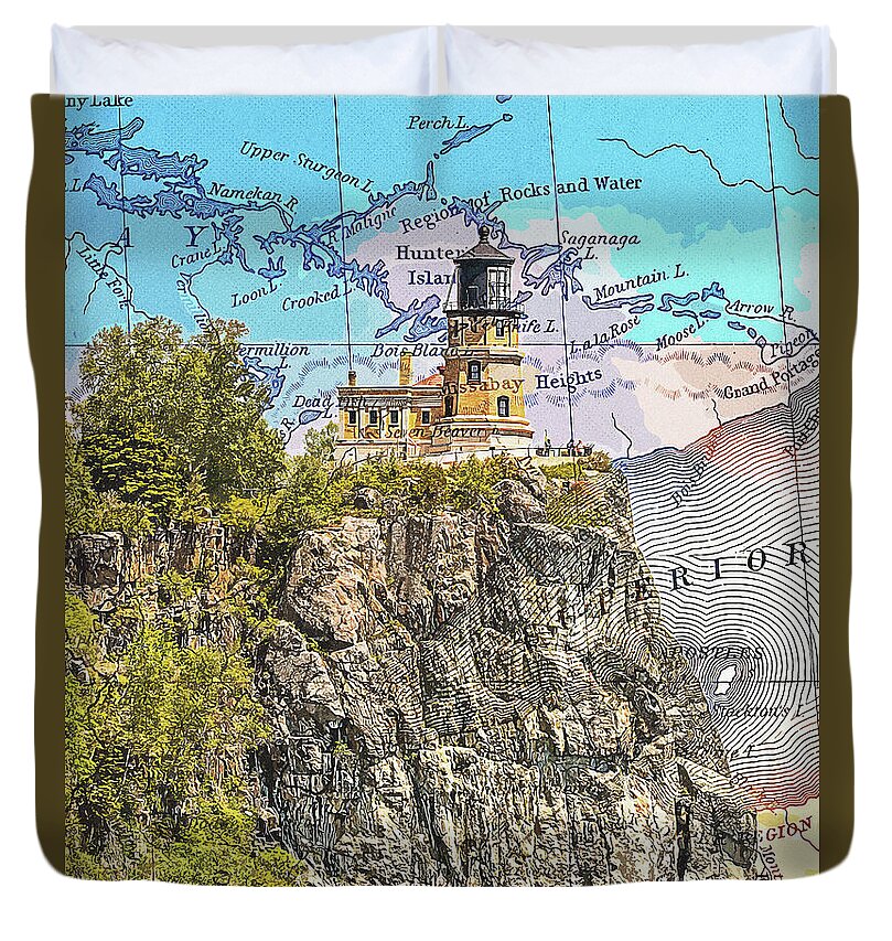 Split Rock Lighthouse And Map - Duvet Cover