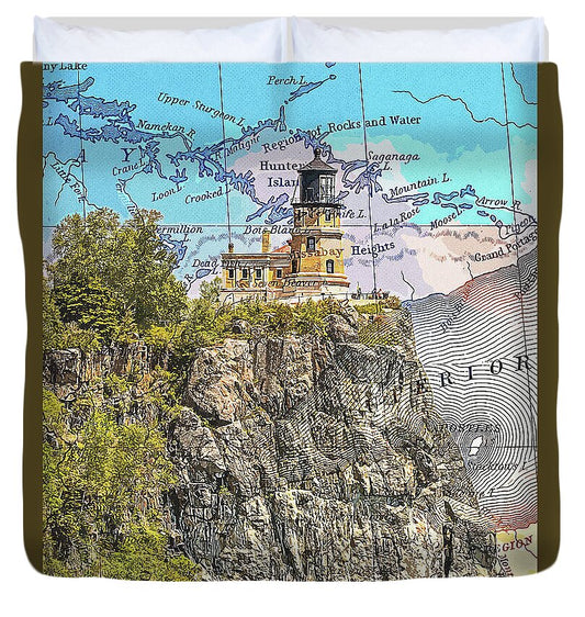 Split Rock Lighthouse And Map - Duvet Cover