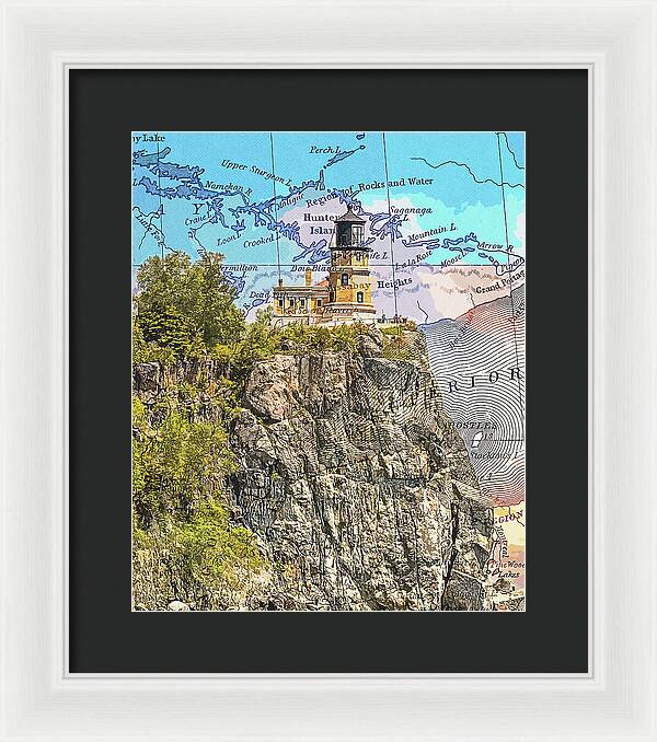 Split Rock Lighthouse And Map - Framed Print