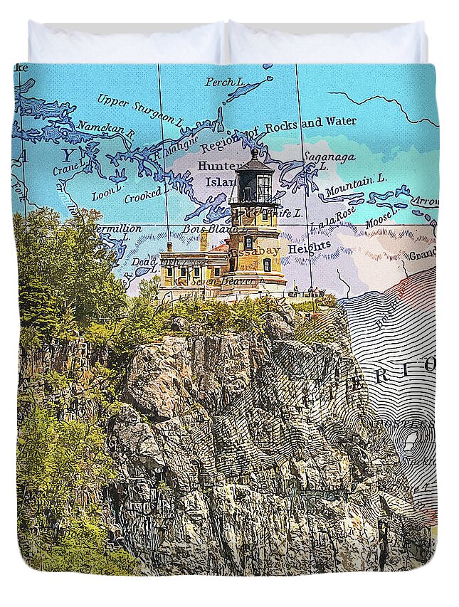 Split Rock Lighthouse And Map - Duvet Cover