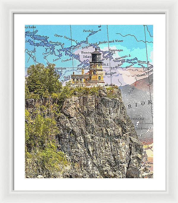 Split Rock Lighthouse And Map - Framed Print