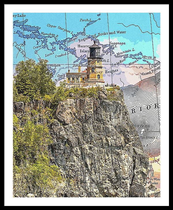 Split Rock Lighthouse And Map - Framed Print