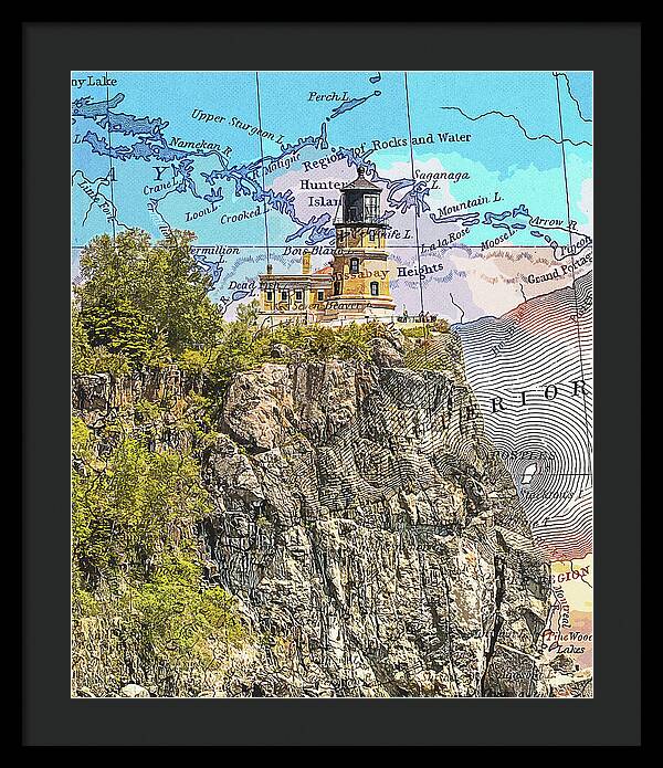 Split Rock Lighthouse And Map - Framed Print